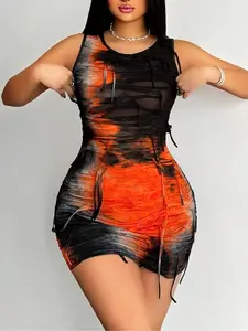 Y2K Tie-Dye Fringe Mesh Dress, Sleeveless Fitted Bodycon Short Skirt, Summer Nightclub Party Cool Casual Wear