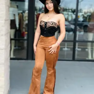 Suede Pants with Fringe Detail - High-Waisted, Flared, and Comfortable for All Seasons