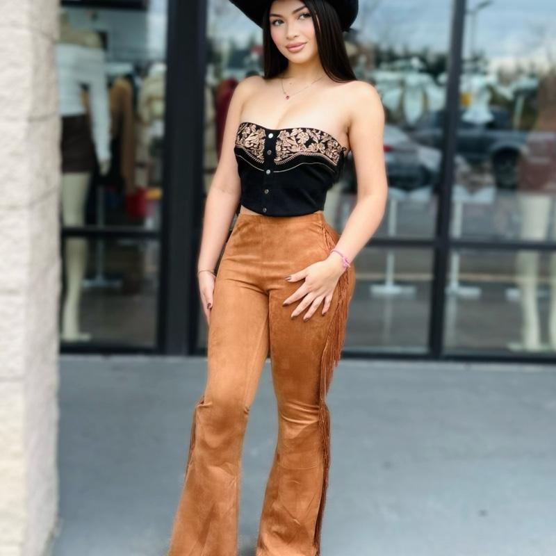 Suede Pants with Fringe Detail - High-Waisted, Flared, and Comfortable for All Seasons