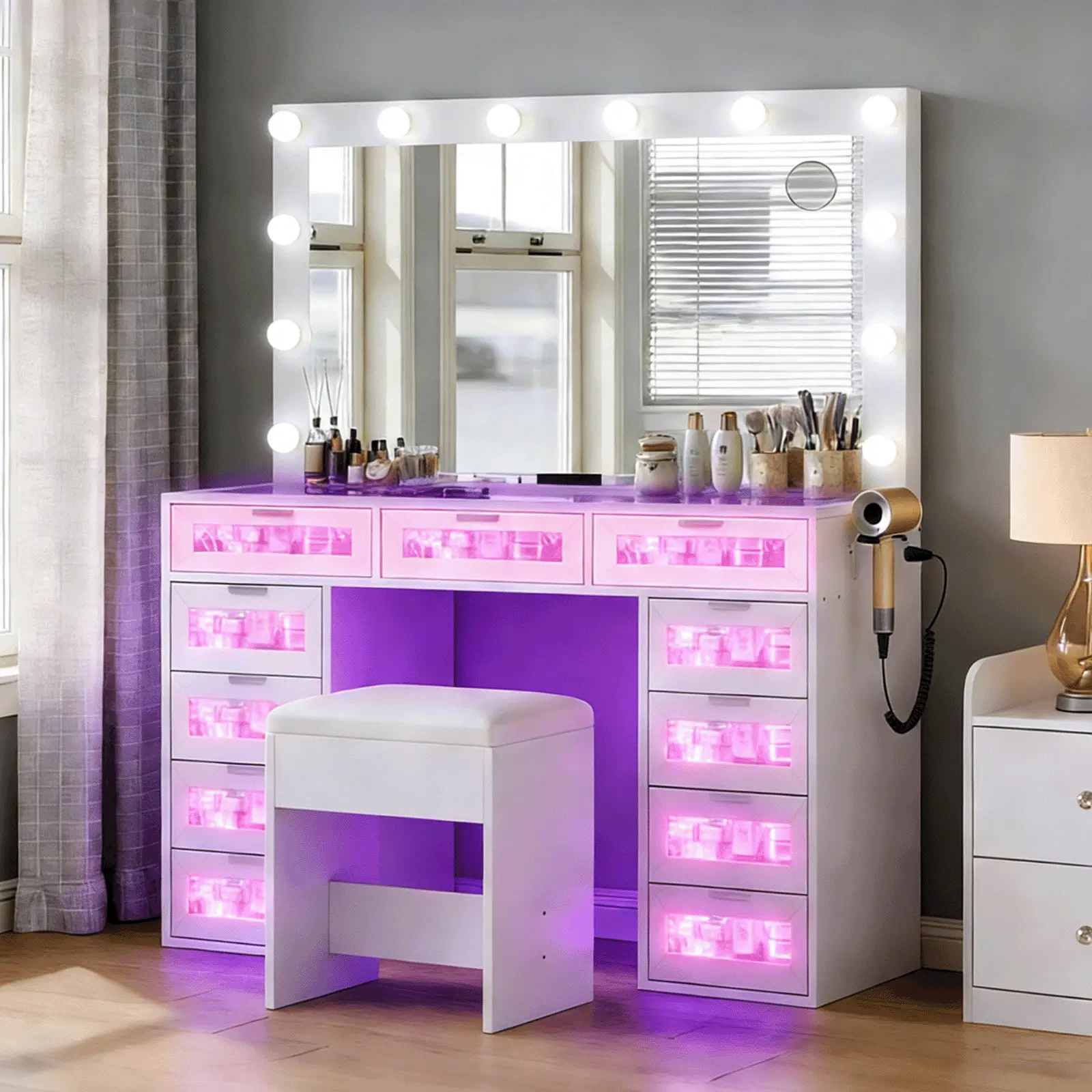 LED Lighted Makeup Vanity Desk with 11 Illuminated Transparent Drawers, 3 Color Dimmable Mirror Lights, APP Controlled RGB Ambient Light Strip, Built-in Multi Charging Outlet & Hair Dryer Holder, Tempered Glass Tabletop, 2 Colors Available for Bedroom