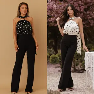 POLKA DOT LONG SCARF TIE JUMPSUIT - FLAT OVAL STONE DETAIL ON NECKLINE - HALTERED STYLE TOP - ADJUSTABLE MINI STRAPS - DRAPE ELEGANT DETAIL - ZIPPER ON THE BACK