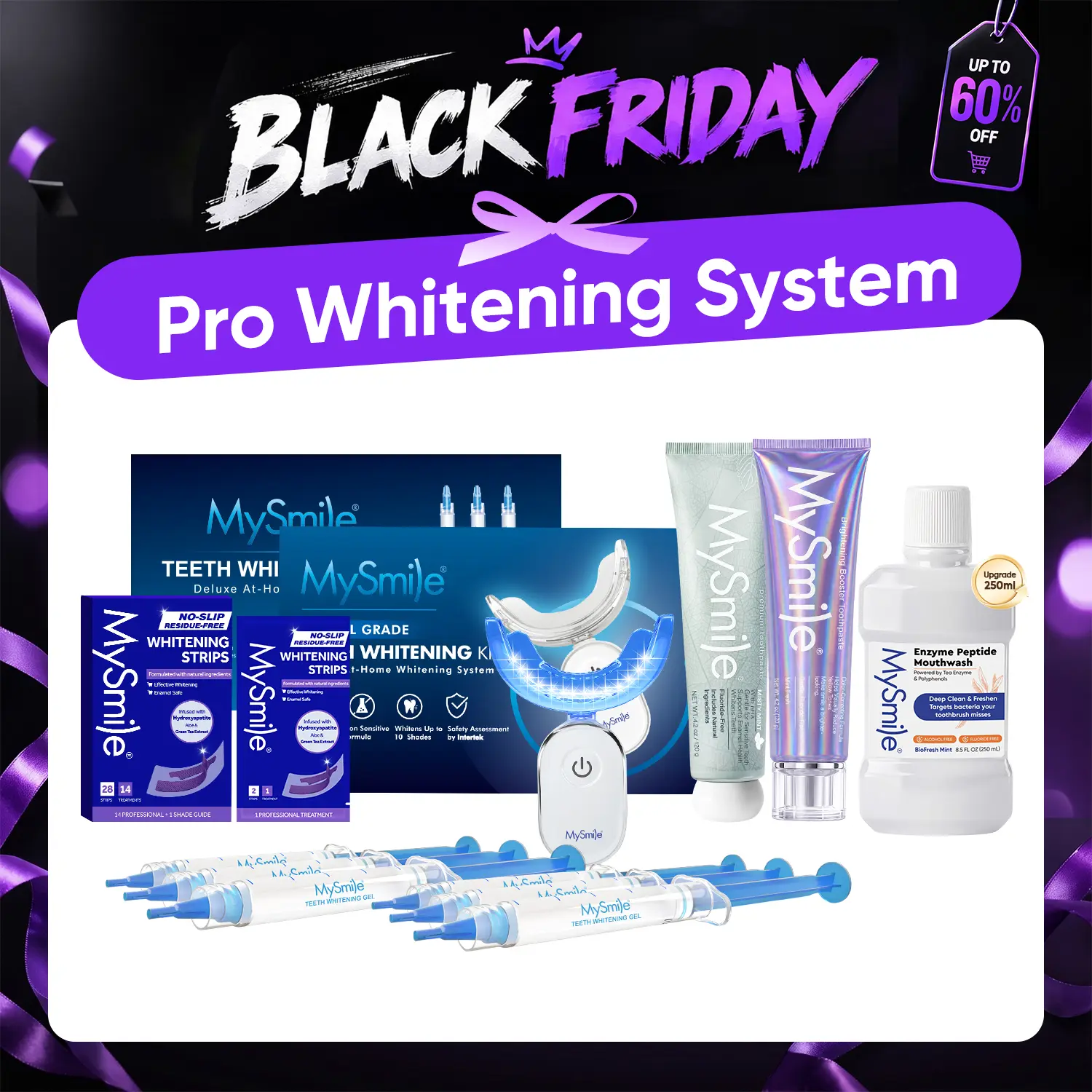 MySmile Pro Teeth Whitening Kit & Complete Oral Care Bundle – Upgraded LED Whitening System, Purple Whitening Strips, 10% Hydroxyapatite Sensitive Toothpaste, Purple Brightening Toothpaste & Gunk Grabber Mouthwash