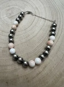 8mm Sterling Silver Pearls bracelet with pink conch beads - 6 inch bracelet