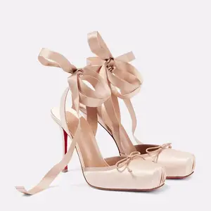 2025 High Heels Sandals Women Slip on Square Toe Sandal Stiletto  Head Ankle Strap Satin Bow Ballet