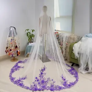 Dramatic scarlet cathedral veil,romantic wedding veil,traditional style bridal veil,delicate floral lace bridal veil