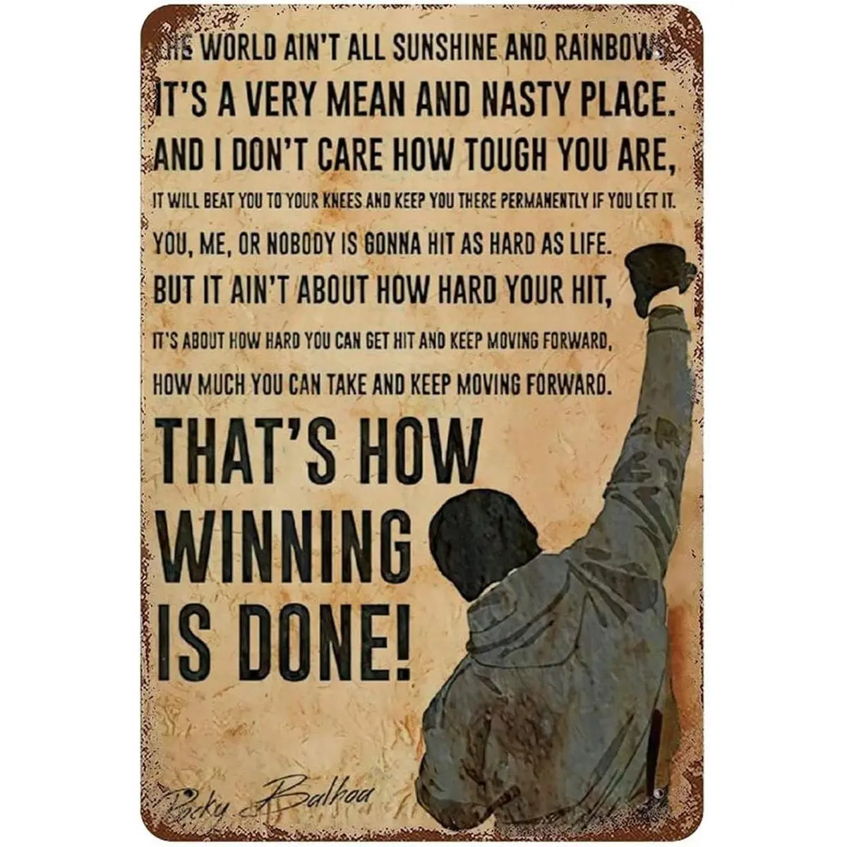 8x12in Vintage Rocky Balboa Motivational Metal Tin Sign - Decorative Sports Wall Plaque with Fist-Raised Icon, Industrial Retro Minimalist Boxing Movie Quote, Fitness Collectible, Gift for Boxers & Entrepreneurs, Home Decor Supplies