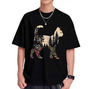 2026 Spring Men's Trendy Cat Forest Flower Graphic Tee, Soft Breathable Fabric Loose Tshirt for Outdoor Streetwear Beach Wear