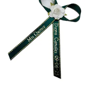Personalized Quinceañera & Baptism Ribbons - Customized Event Decorations with White Rose Accent for Special Celebrations - Ribbon with Custom Notes for Quinceañera & Baptism Events
