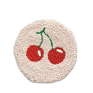 Cherry Design Punch Needle Handmade Coaster - Round Coaster with Cherry and Green Design, Ideal for Tableware