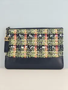 Pre-owned Tweed and Leather Clutches & Wristlets Chanel Gabrielle Tweed Clutches Bag Navy Blue【29357346】