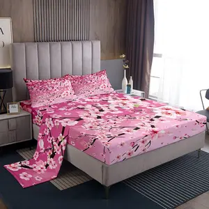 Cherry Blossoms Sheets,Japanese Style Bed Sheet Setsakura Flower Bedding Set,Gradient Pink Bed Sheets for Boys Girls Adults