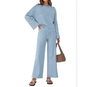 ZESICA Women’s Matching Lounge Set – Long Sleeve Knit Top & Wide Leg Pants 2 Piece Sweatsuit, Casual Comfy Outfit