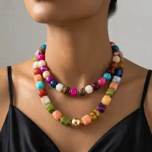 Beach Resin Chunky Beaded Necklace for Women Minimalistic Trendy Statement Big Colorful Bead Choker Necklaces Y2K Boho Charm Summer Jewelry Daily Wear Accessories