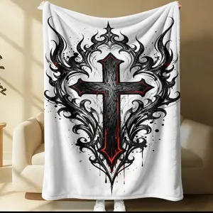 Gothic Ornate Cross & Blood Drip Tattoo Print Flannel Blanket, Dark Art Filigree Cross Collage Throw Blanket, Cozy Soft Warm Blanket for Bed & Couch, Bold Gothic Gift Blanket for Alternative & Dark Style Enthusiasts