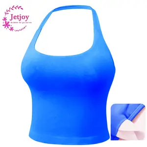 Jetjoy Women's Padded Supportive Seamless Solid Textured Strappy Halter Sports Bra - Square Neck, Open Back, Ribbed, Lightweight Workout Crop Tank Top with Built-in Pads, Water-Resistant Yoga Activewear Vest, Underwear for Women, Summer Outfit