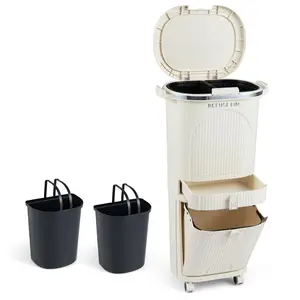 COSTWAY - 11 Gallon Kitchen Trash Can with Lid, 3-Layer Sorting Trash Bin with 2 Removable Buckets, Drawer, Step Pedal & Wheels, Vertical Garbage Bin, Waste Container for Living Room Kitchen Bathroom