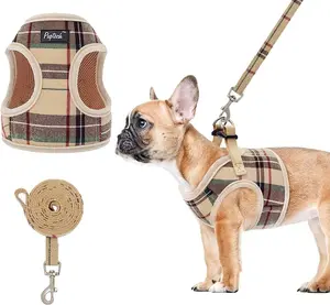 Soft Mesh Dog Harness and Leash Set Step-In Plaid Puppy Padded No Pull Vest Harness for XS Small Medium Sized Dogs Cats Outdoor Walking, Beige M
