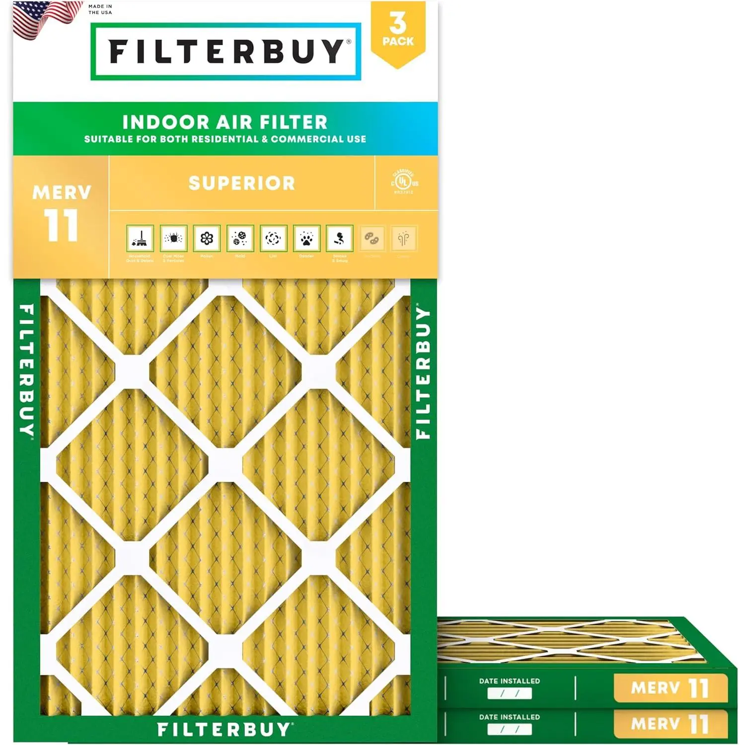 Filterbuy 12x20x1 Air Filter (3-Pack), Pleated MERV 11 Allergen Defense HVAC AC Furnace Air Filters (Actual Size: 11.50 x 19.50 x 0.75 Inches)