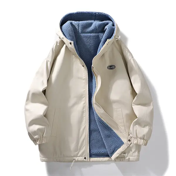 Men's Durable Light Khaki Hooded Fleece Jacket - Contrast Sherpa Lining, Winter Trendy Coat, Cozy Fall, Mom and Classic Design, Everyday Look, Cute Gift ComfortFit, WardrobeEssential on trend outerwear put together