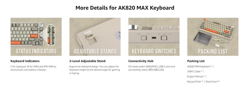 AJAZZ AK820 MAX Tri-Mode Mechanical Keyboard 2.4G Wireless Bluetooth USB-C 75% 82Key Compact Layout 8000mAh Battery Hot-Swappable Gasket Mount PBT Keycaps RGB Backlit Metal Knob Boyfriend Gift Fish Switch Grey Gaming Keyboard keyboard AJAZZ AK820 MAX Tri-Mode Mechanical Keyboard 2.4G Wireless Bluetooth USB-C 75% 82Key Compact Layout 8000mAh Battery Hot-Swappable Gasket Mount PBT Keycaps RGB Backlit Metal Knob Boyfriend Gift Fish Switch Grey Gaming Keyboard keyboard