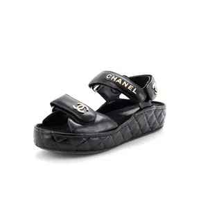 Pre-owned Chanel Women's Logo Velcro Strap Wedge Sandals Quilted Leather by Rebag