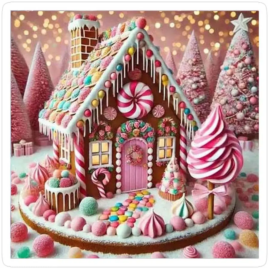 1pcs 5D DIY diamond painting kit, 5D diamond art set, DIY decoration, candy house, pink tree, colorful road, diamond painting kit full round drill DIY, mosaic, diamond art, DIY home decoration, Handcraft, suitable for Halloween and Christmas.