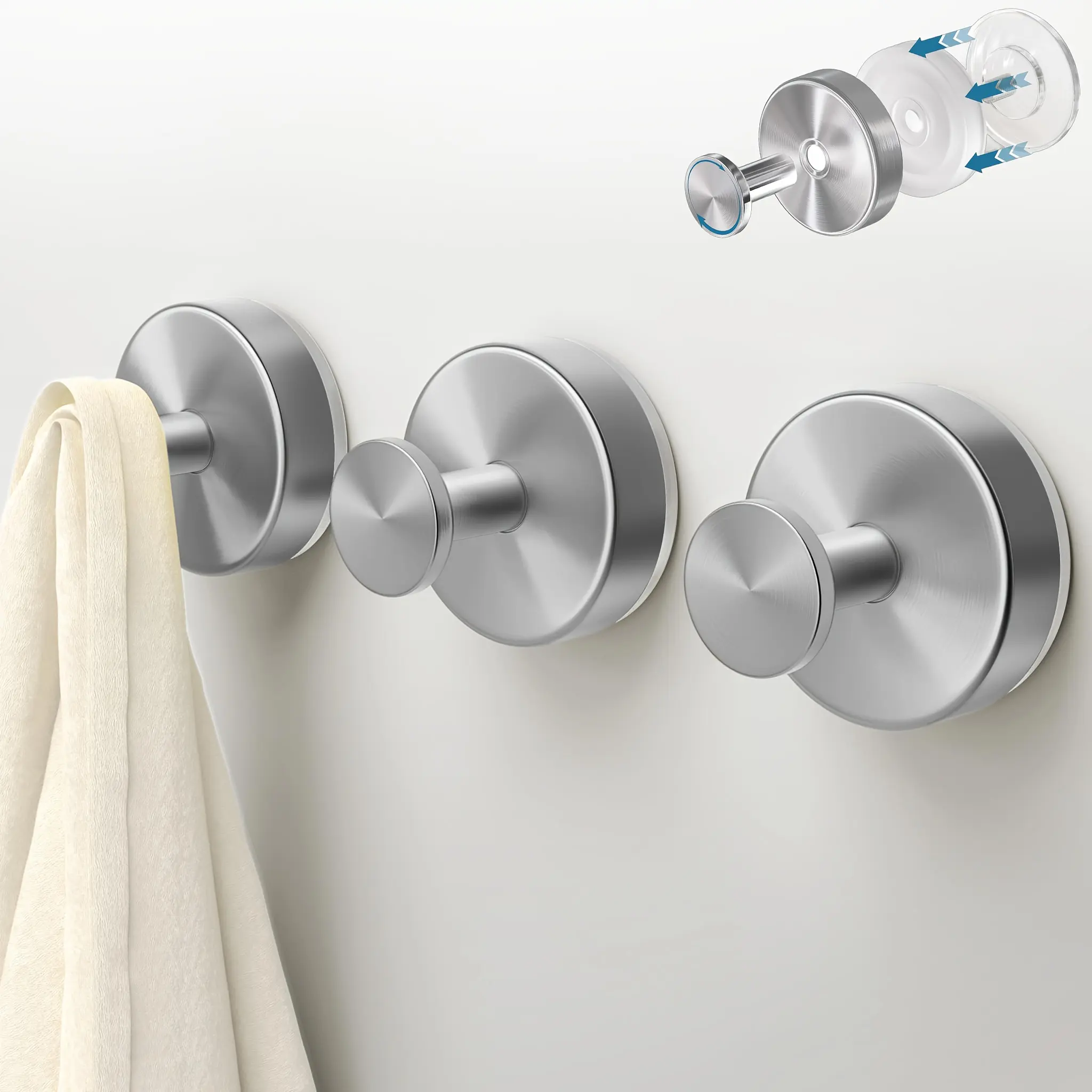 Stainless Steel Modest Suction Mount Hooks & Rails - Drill-Free, Waterproof, Adjustable, Strong Load Acrylic Hooks with Additional Damage-Free Support for Bathroom, Kitchen - Hangs Towels, Hanging Robes, Bath Balls on Glass, Mirror, Tiles