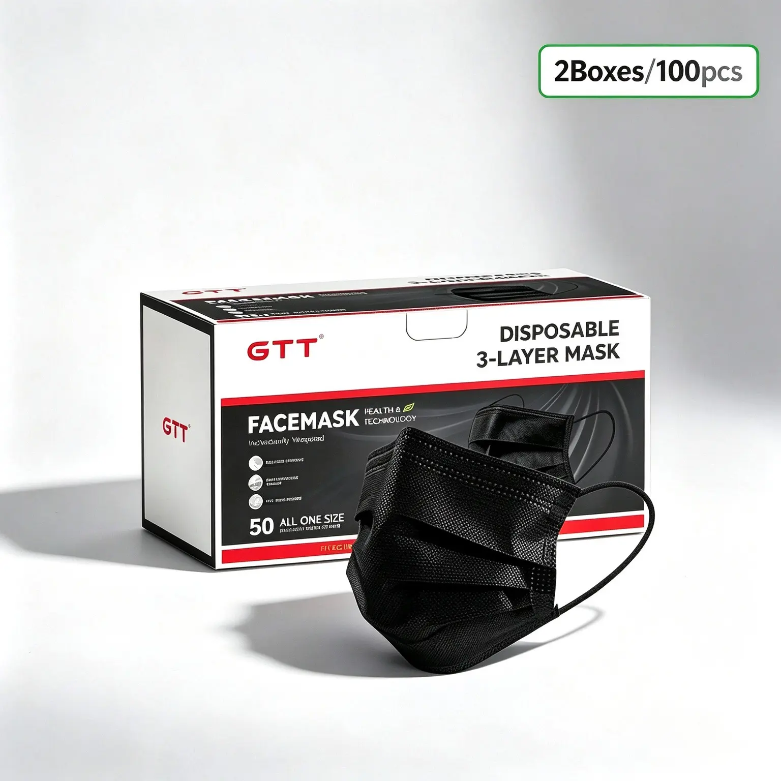 GTT Adults' Disposable 3-Layer 3D Snug Fit Black Non-Woven Face Masks, 100-Pc Ready Pack, Lightweight Breathable, Individually Wrapped for Daily Travel, Office Use