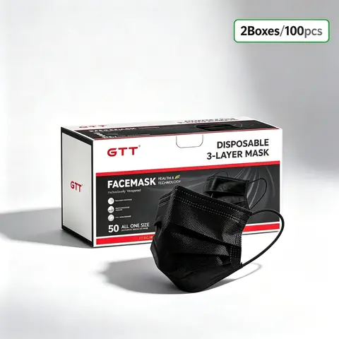 GTT Adults' Disposable 3-Layer Structure Black Non-Woven Face Masks, 100-Pc Ready Pack, 3D Snug Fit, Lightweight Breathable, Adjustable Hidden Nose Wire, Individually Wrapped, Portable for Daily Travel, Office Use