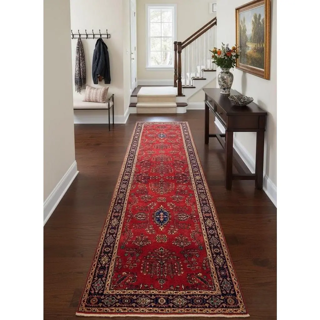 Red Persian 2.7x11.6 ft Hand-Knotted Wool Runner Long Hallway Rug - Vintage Style Medallion Runner - Artisan Woven Entryway, stairs Carpet