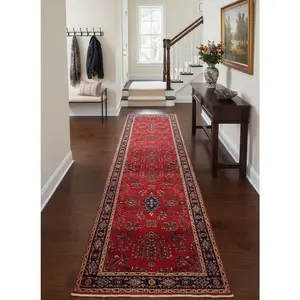 Red Persian 2.7x11.6 ft Hand-Knotted Wool Runner Long Hallway Rug - Vintage Style Medallion Runner - Artisan Woven Entryway, stairs Carpet