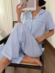 MONASWEET Striped Lapel Short Sleeve & Long Pants Pajama Set Women Striped Pajamas Blue And White Striped Pajamas Summer Pajamas For Women Women Pajama Set Sleepwear Set Women  Cozy And Elegant Details