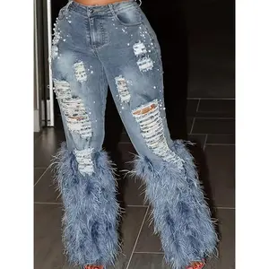 Pearl-Embellished Denim Ripped Design Jeans