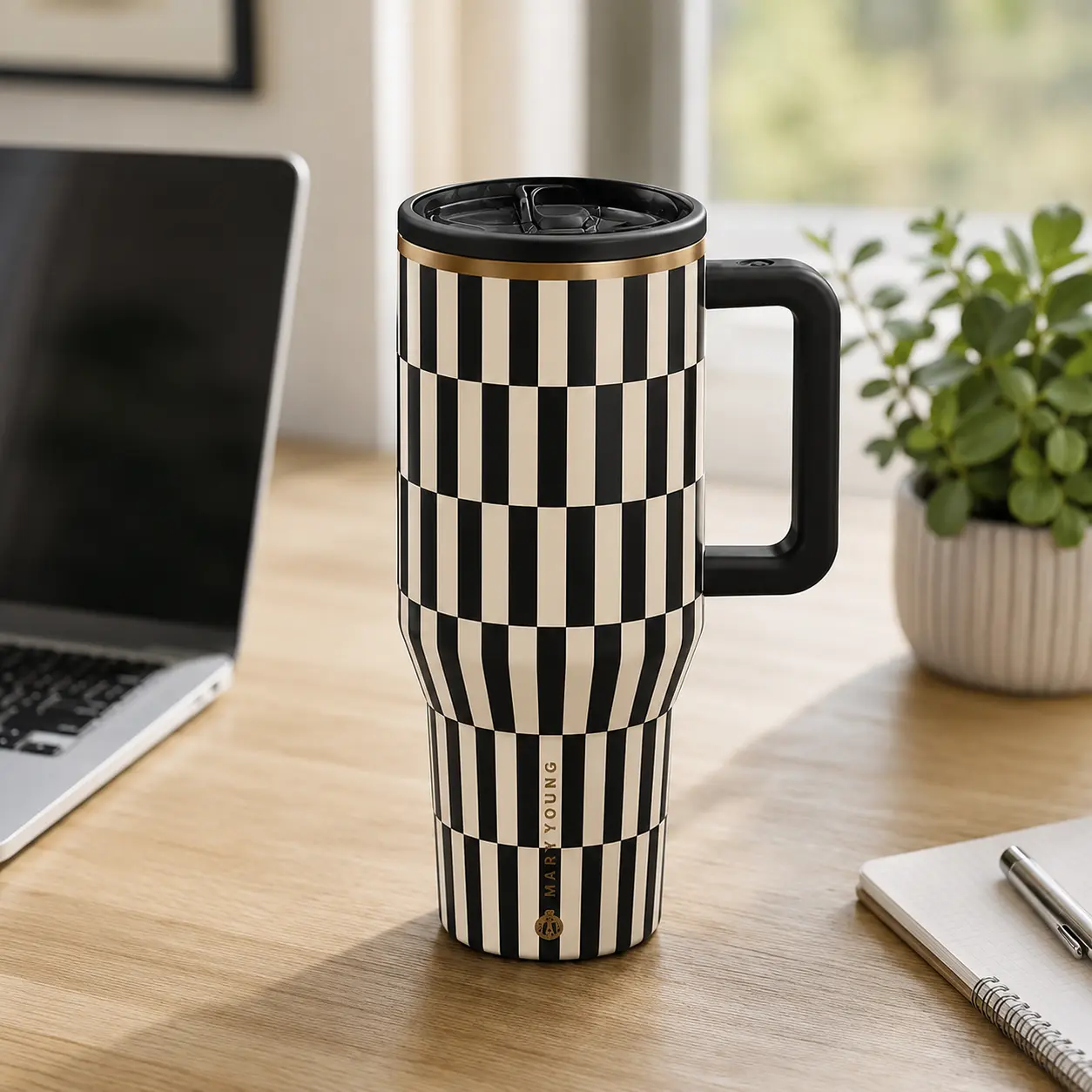 HydroJug Traveler 40 oz Insulated Tumbler with Straw, Black and White Checkered Stainless Steel Travel Cup with Leak-Resistant Lid and Handle