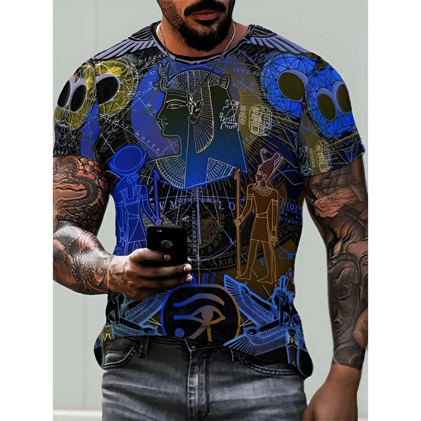Men's Round Neck Polyester Short-Sleeve T-Shirt - Ancient Egyptian Pharaoh Horus Eye Print, Mystical Style Casual Menswear, Breathable Loose-Fit Top for Daily Wear & Museum Outfits, Plus Size, Shortsleeve, Fabric, Stretch
