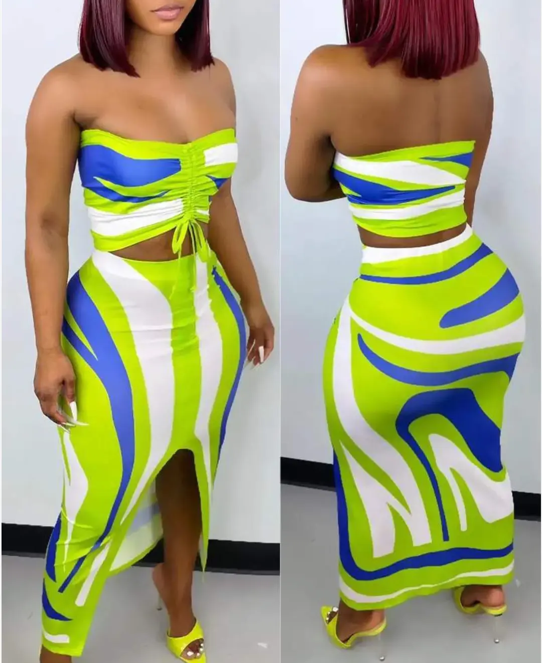Lady Luxe Fashions 2 Piece Swirl Skirt Set with Drawstring - Neon Green & Blue Striped Strapless Top & High Waist Skirt