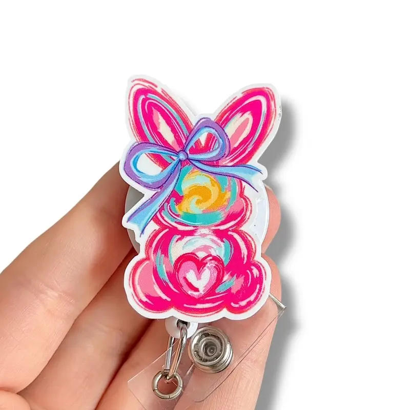 Glitter My Badge Pink watercolor Easter bunny badge reel for nurse and hospital workers. Serious Goose Badge clip Badge pull - Retractable swivel clip with a 360 rotation. Great gift for coworkers.