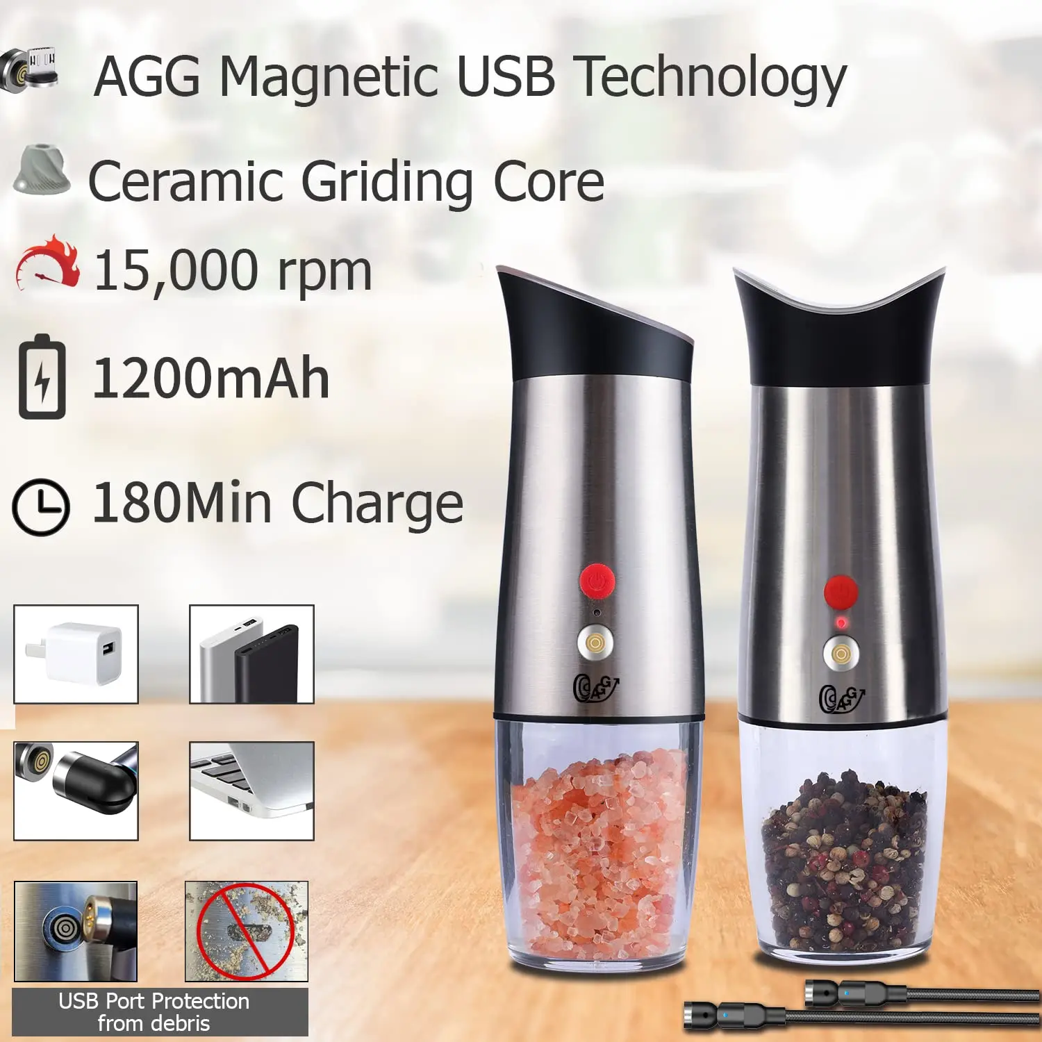AGG Rechargeable Electric Salt and Pepper grinder set, spice mill, Gravity Activated with white light, adjustable coarseness, stainless steel, and Magnetic Cable & USB port protection