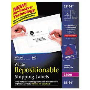 Avery 55164 Re-hesive Labels For Laser Printers 3 1/3 x 4 White 600 Pack