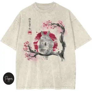 Classic Fashion Menswear Round Neck Short Sleeve Studio Ghibli My Neighbor Totoro Vintage Washed Anime Tee, Oversized Heavy Cotton Streetwear Crewneck Unisex Casual Shirt S-3XL