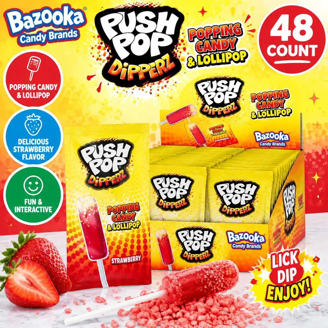 Bazooka UK Import Push Pop Dipperz Popping Candy Lollipop Strawberry 48 Count Novelty Candy