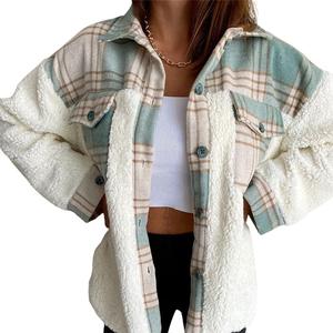 Chouyatou Women's Fuzzy Sherpa Fleece Spliced Leopard Print Plaid Shirt Jacket Shacket Coat Chic Casual Thermal Winter with Fluffy Sleeves