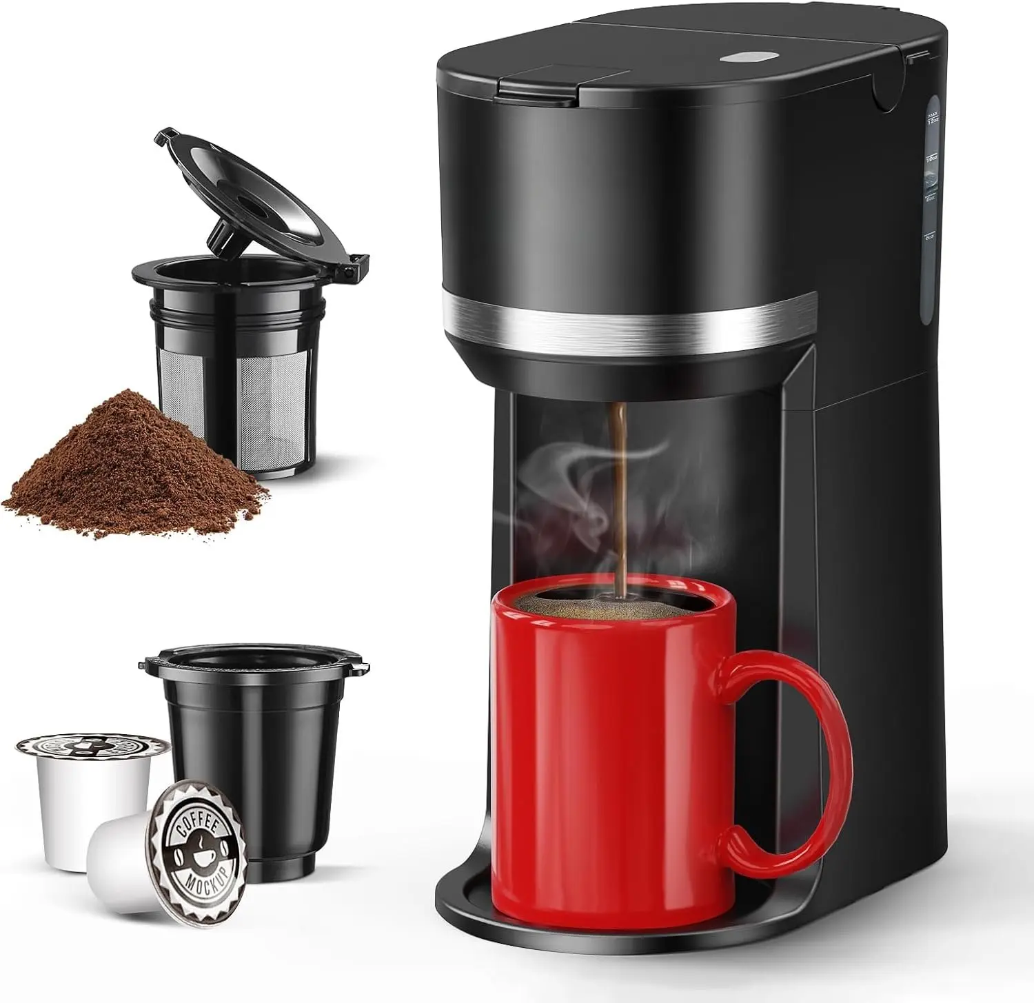 Mini Single Serve Coffee Maker for K Cup and Ground Coffee, Fast Brew One Cup Coffee Machine with Descaling Reminder and Water Window, 6 to 12 oz. Brew Sizes, Black