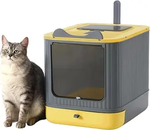 Upgraded Fully Enclosed Cat Litter Box with Lid, Covered Cat Box Enclosure, Anti-Splashing Easy to Clean Kitty Litter Boxes with Drawer, 3 Modes can Use from Kitten to Adult(Yellow&Grey)