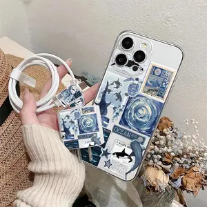 5-Piece iPhone Protection Case Set with Clear Shell Pattern, Includes Charger Case, Data Cable Cases, and Silicone Cable Tie for iPhone 11 to 15