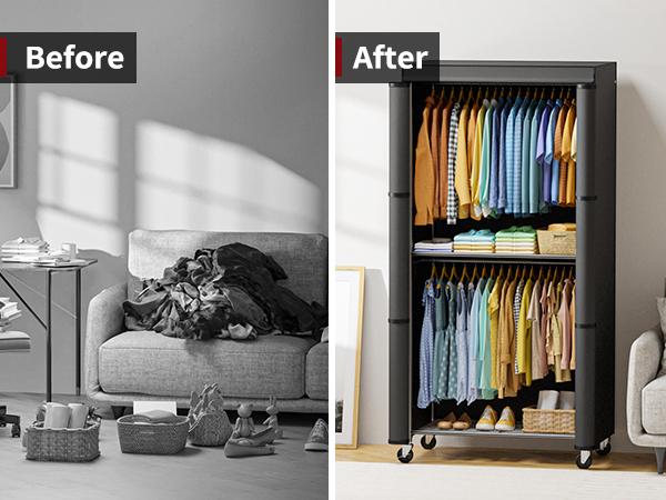 Black Iron Frame Wardrobe Rack with Cover - 35.4"x17.7"x79.7", Heavy Duty, Rust-Resistant, Open Front, Lockable Wheels, Bedroom Use, Home Organizer Storage Closet