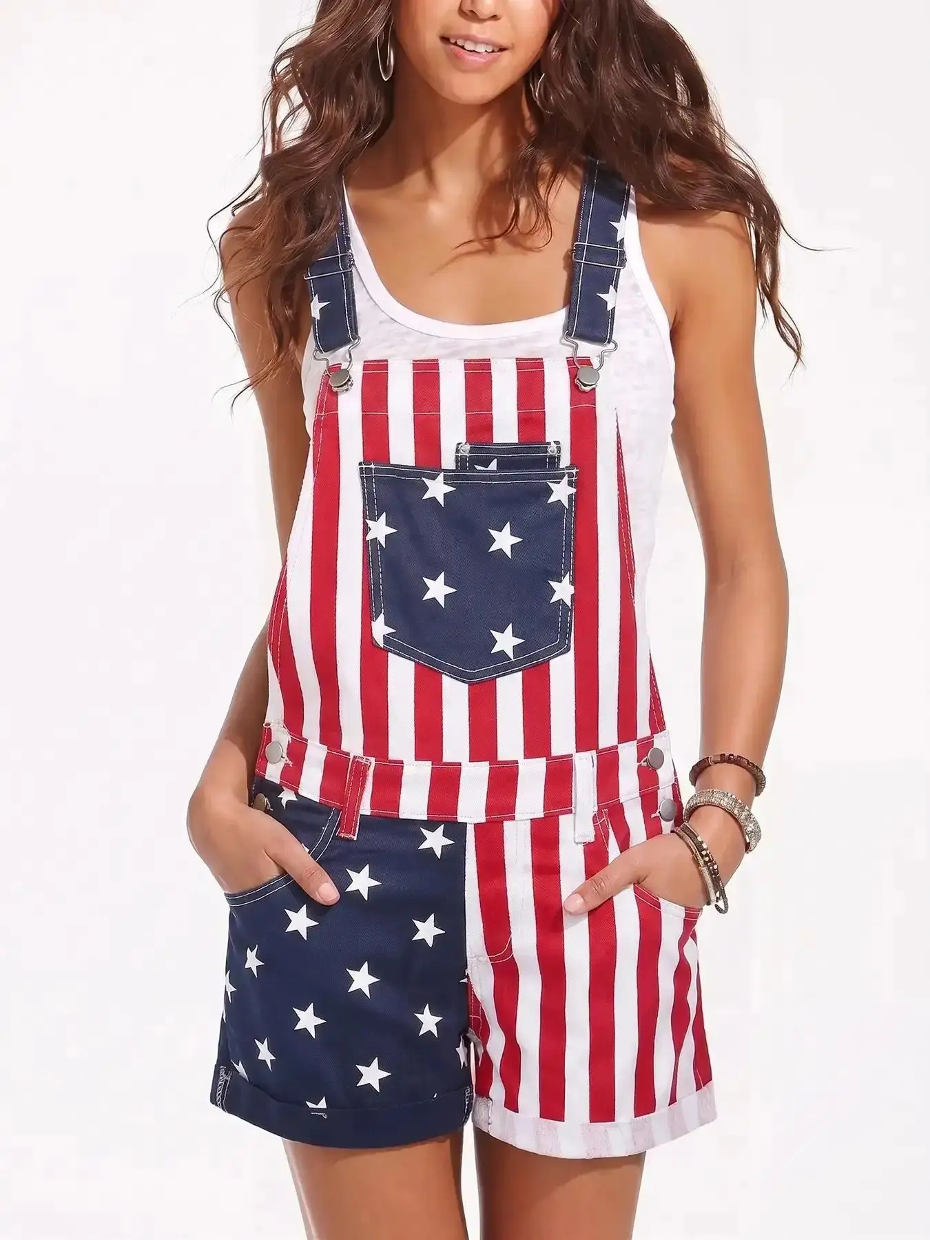 Women's Summer Sleeveless Denim Overall Shorts, Multi-Pocket Rolled Hem, Striped American Flag Design, Casual Loose Fit, Independence Day, Casual Overalls