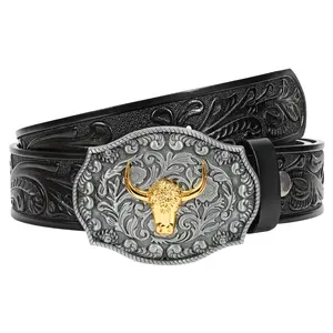 XZQTIVE Western Brown Leather Print Belt with Buckle, Embellished with Floral Embossing, Unisex Accessory for Men & Women Design Embossed