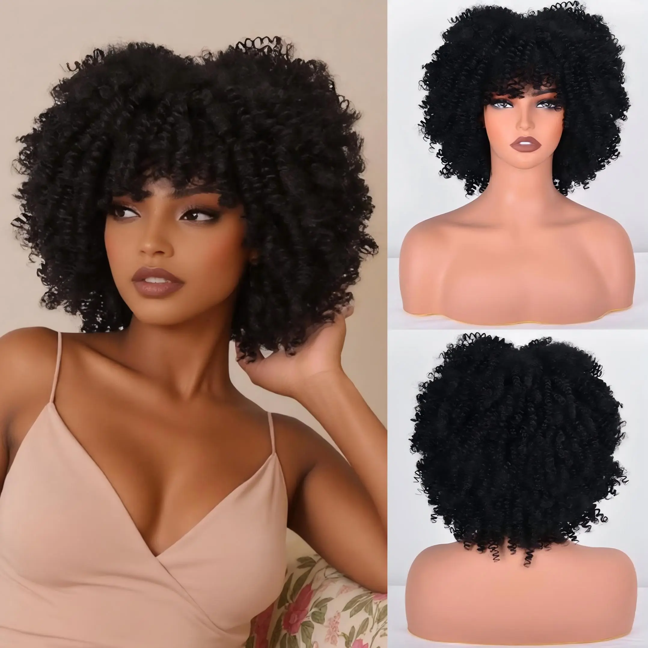 【Biggest Sale】Ourwigs 10 Inch Short Afro Kinky Curly Hair Wigs for Women, Fluffy Glueless Wigs with Bangs, Wear and Go Synthetic Full Machine Wigs for Daily Party curly Chrismas Gifts Thanksgiving