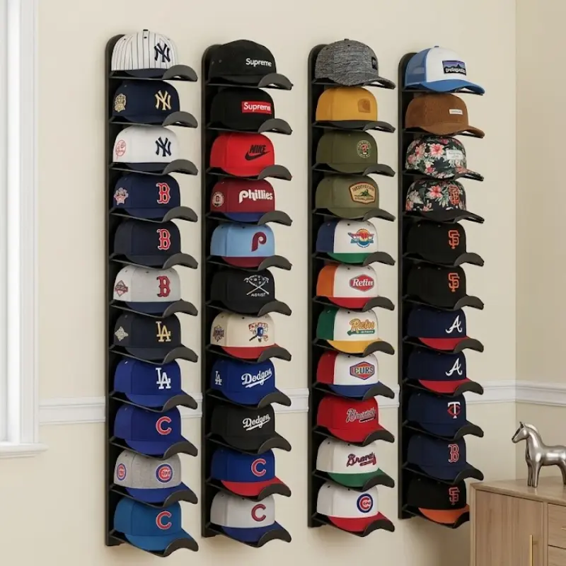 Hat Hooks for Wall - Adhesive Hat Organizer with Screws - Space-Saving Cap Holder for Closet Door and Bedroom, Black